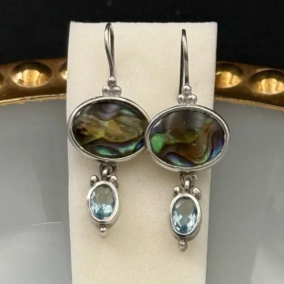 Sterling Silver 925 Abalone Blue Topaz Dangle Earrings French Wire 1.25" L - Picture 1 of 8